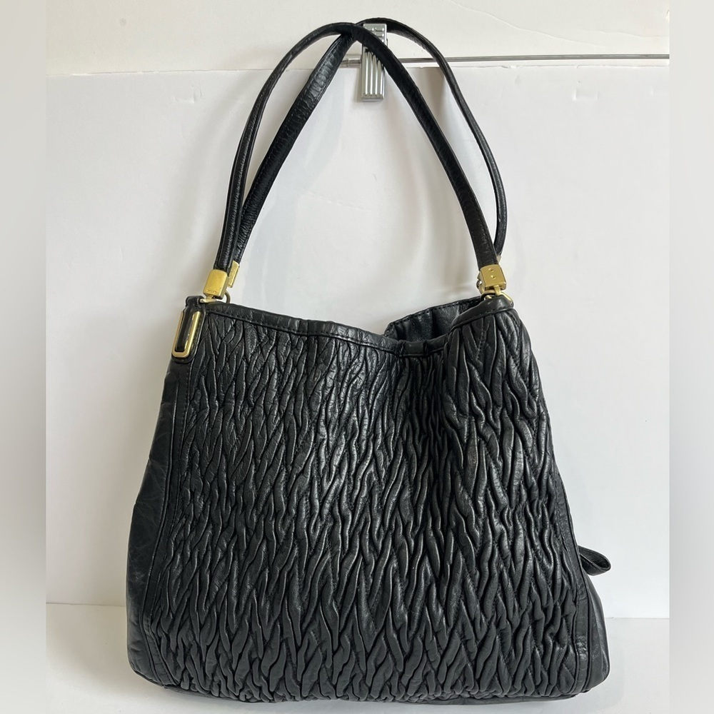 Coach Black Leather Madison Phoebe Gathered Twist Tote Bag